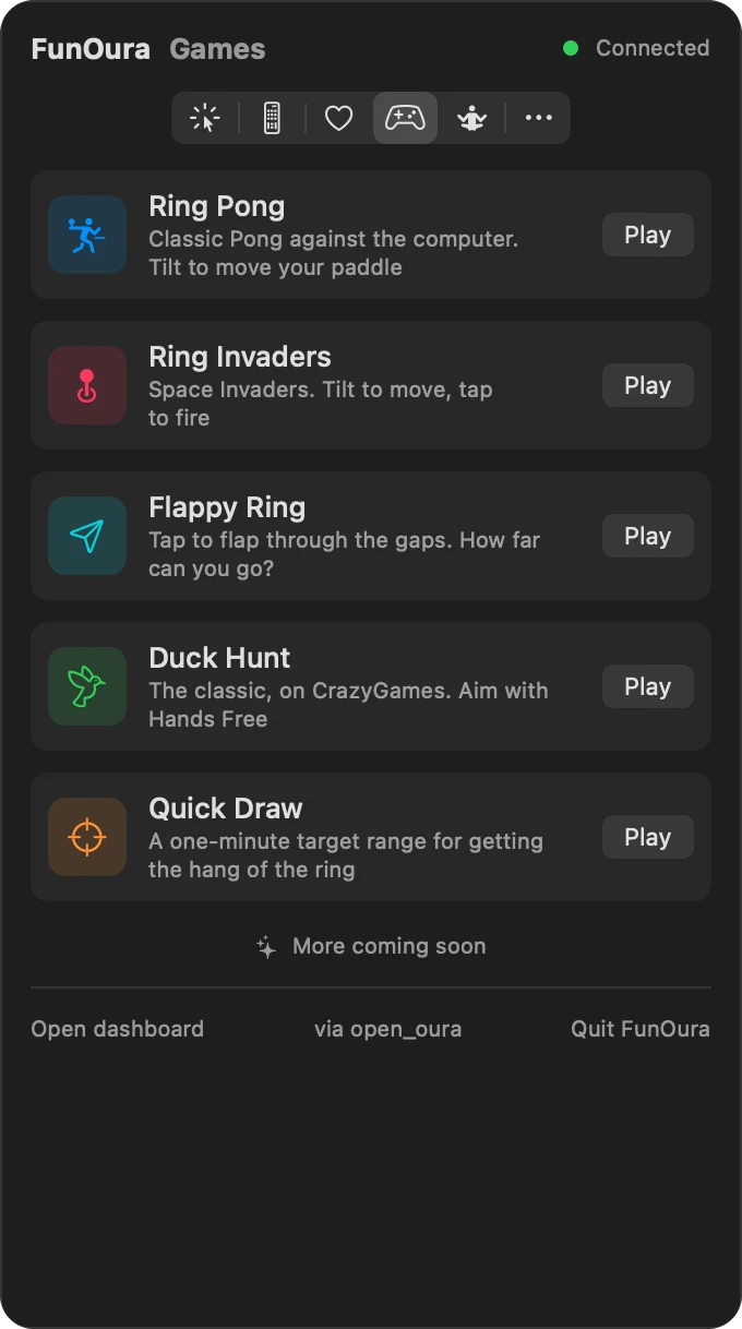 The Games tab: Ring Pong, Ring Invaders, Flappy Ring, Duck Hunt and Quick Draw