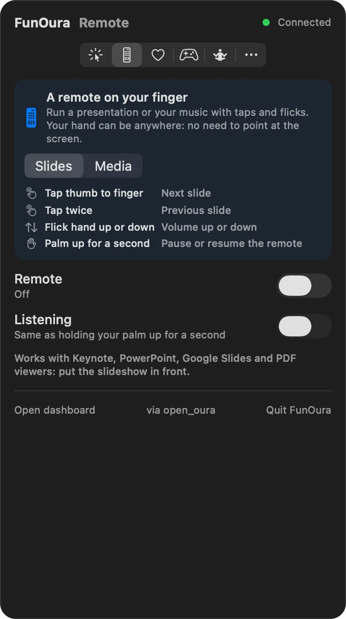 The Remote tab with Slides and Media modes